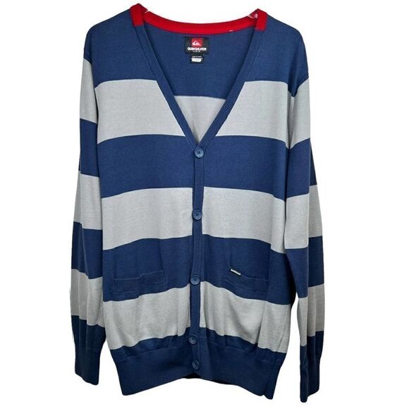 New QUIKSILVER Cardigan 100% Cotton Button Down Sweater Blue & Gray Mens Large - Picture 1 of 9